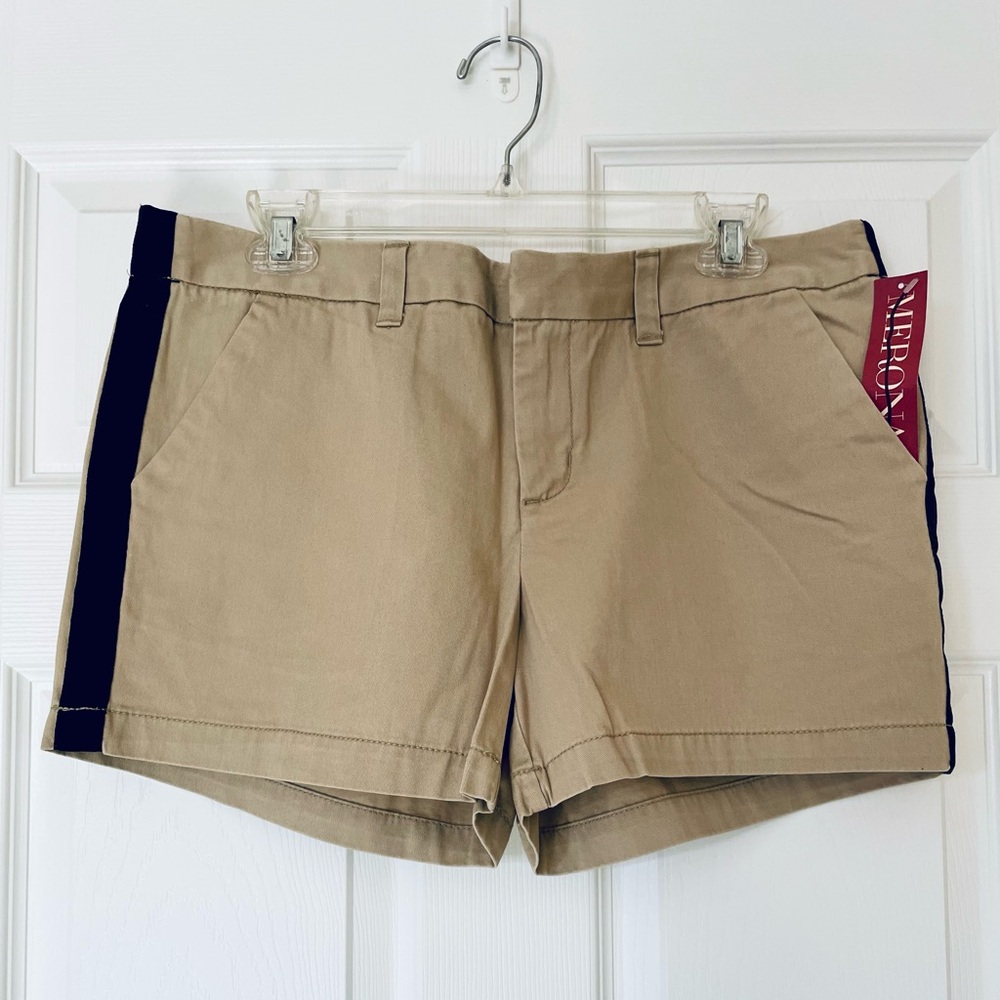 🤎 Merona Tuxedo Stripe Chino Shorts | Khaki w/ Black Satin Side Detail